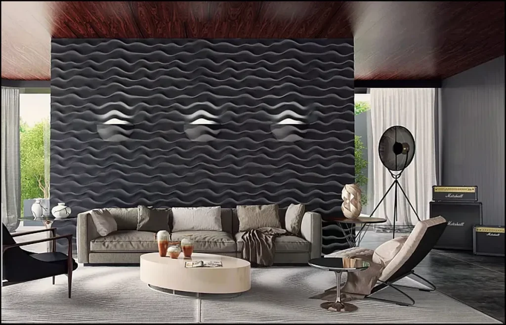 Интерьер гостиной с объёмными панелями