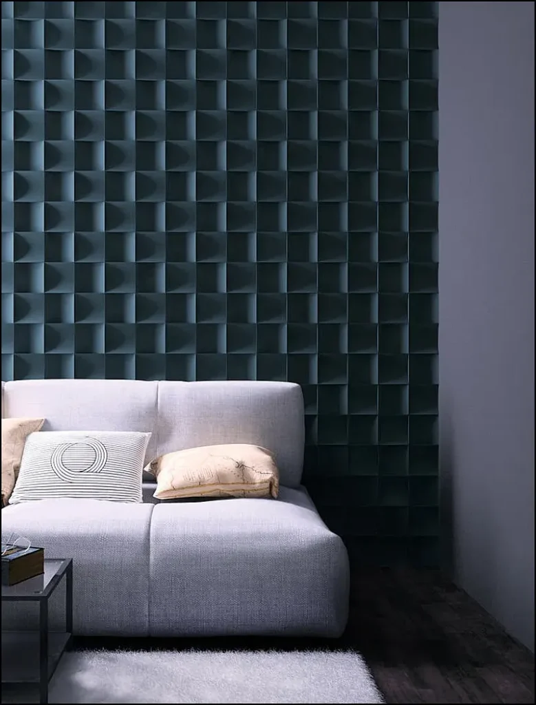 Decorative gypsum panels creating a three-dimensional wall effect.