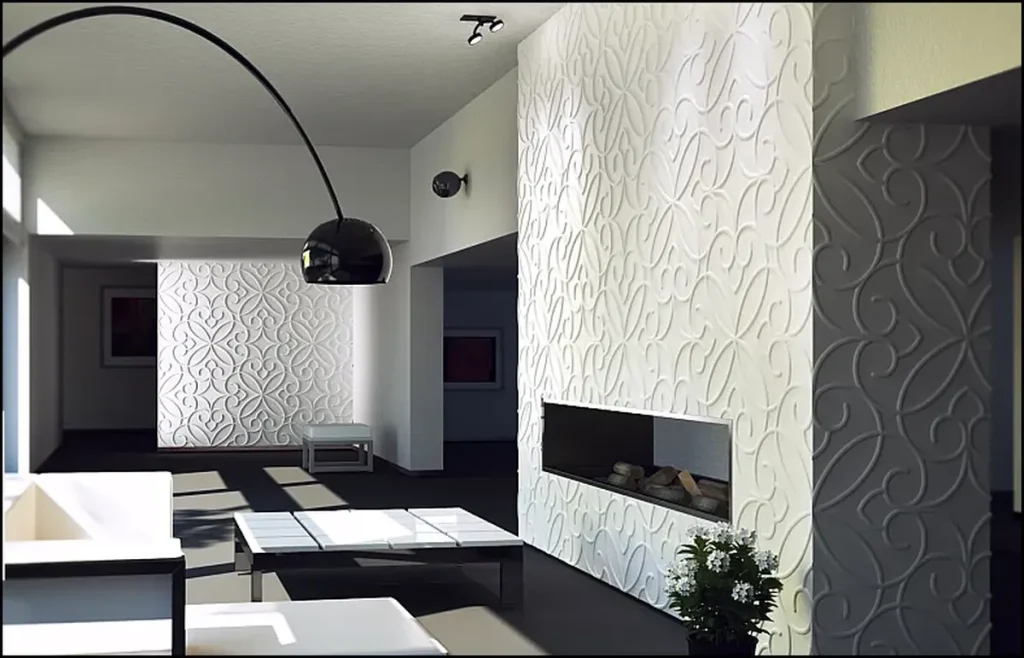 Three-dimensional gypsum wall panels in a residential interior.