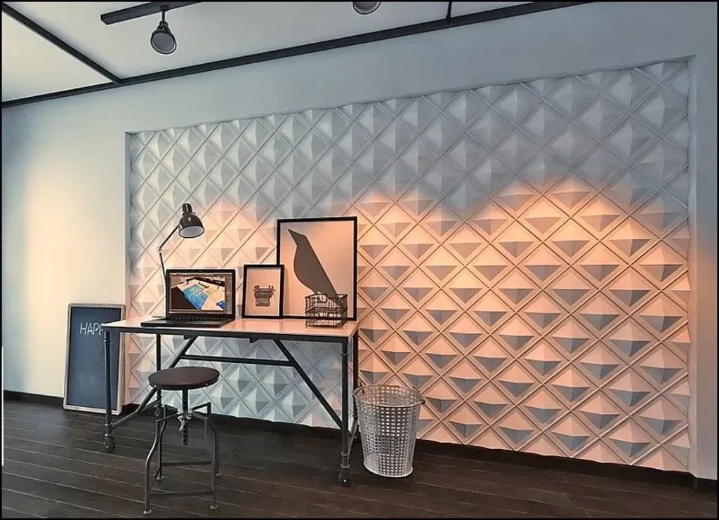 Decorative 3D gypsum wall panels in a modern interior.
