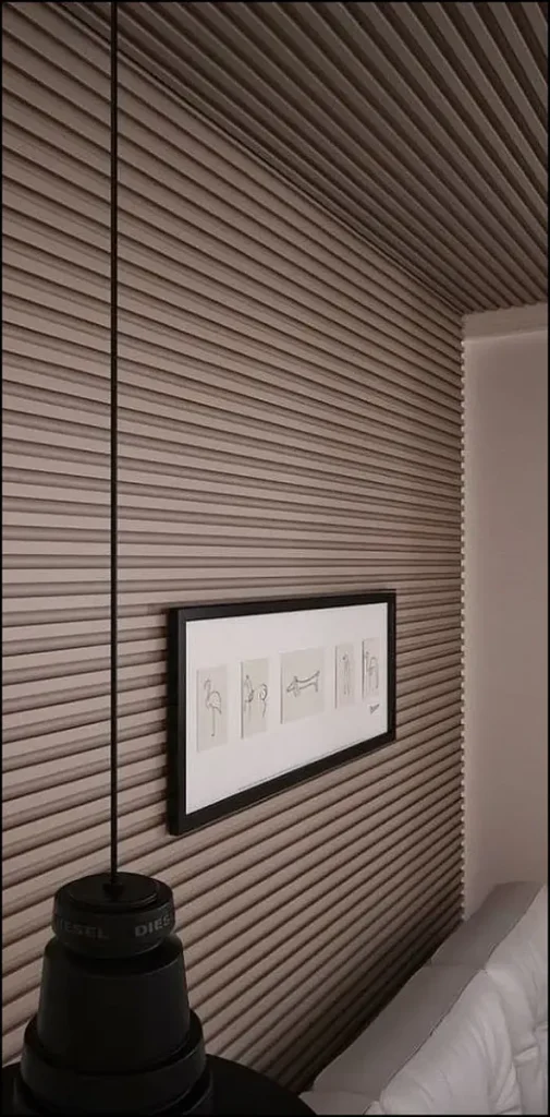Interior with decorative gypsum wall panels adding texture and dimension.