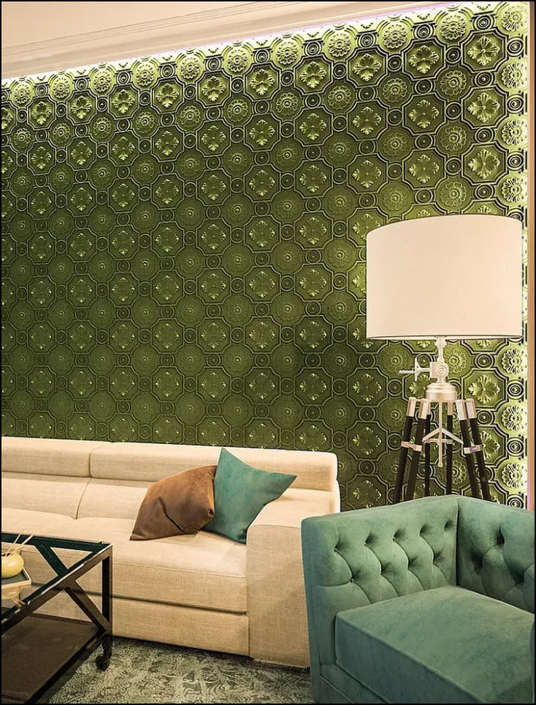 Interior design with textured gypsum wall panels.