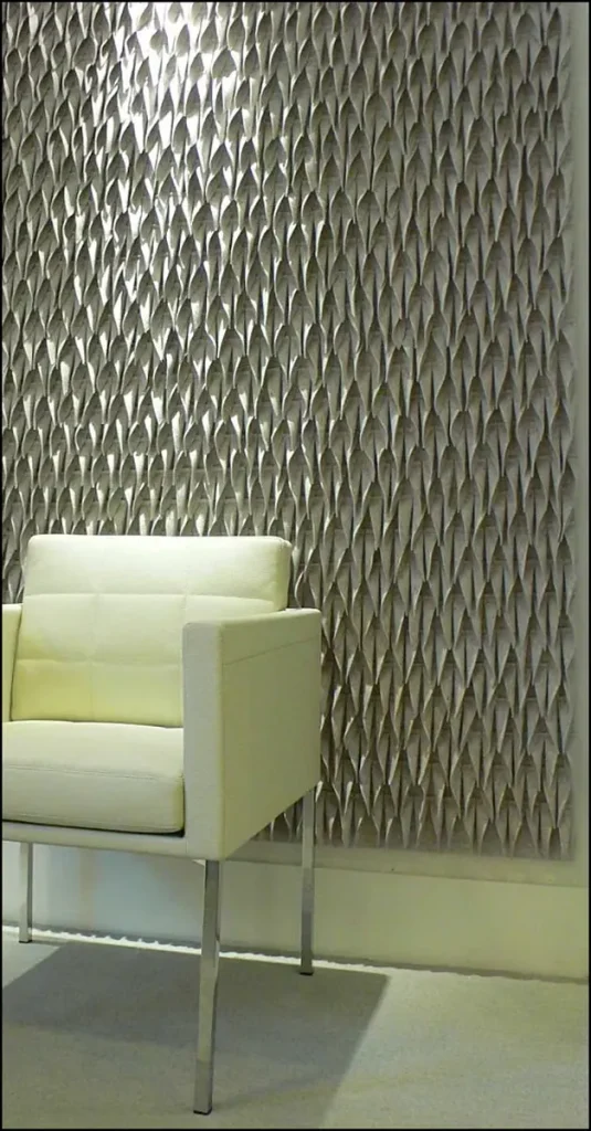 Interior with textured 3D gypsum wall panel design.