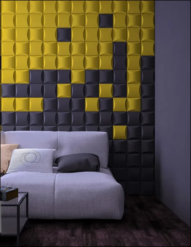 Modern interior with sculpted 3D gypsum wall panels.