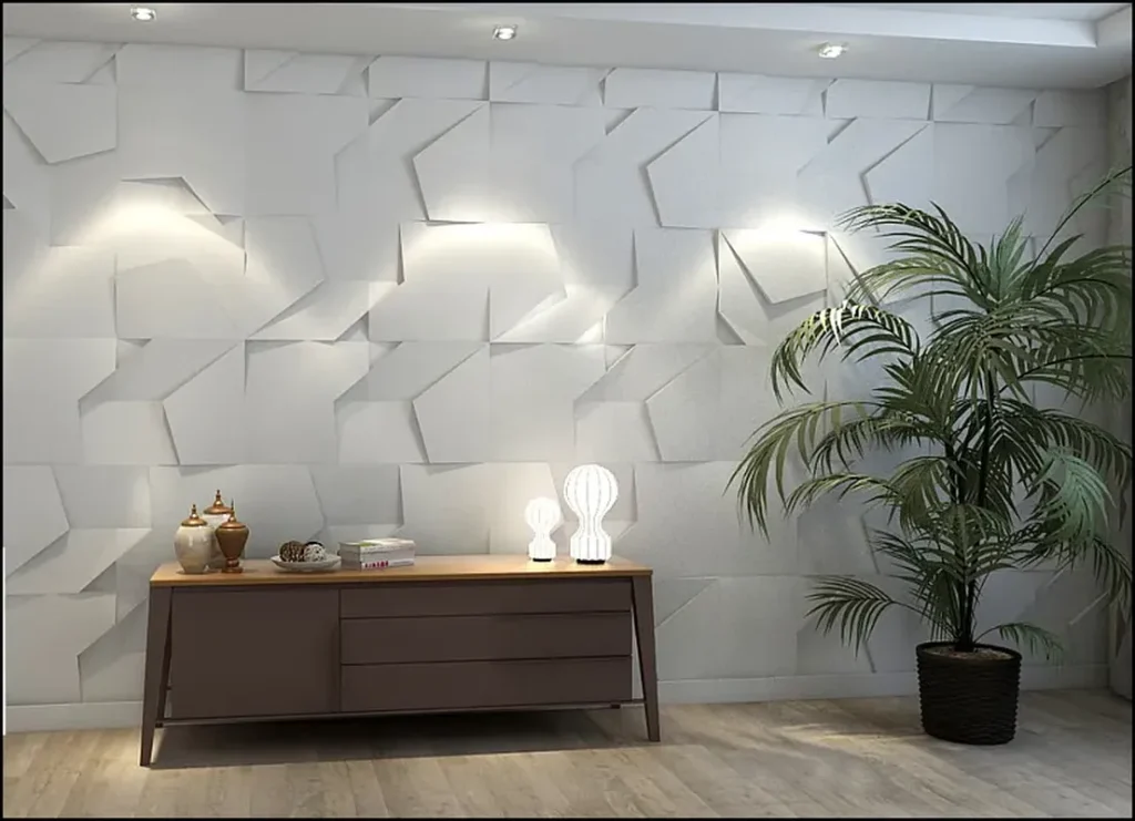 Contemporary living space with 3D gypsum wall panels.