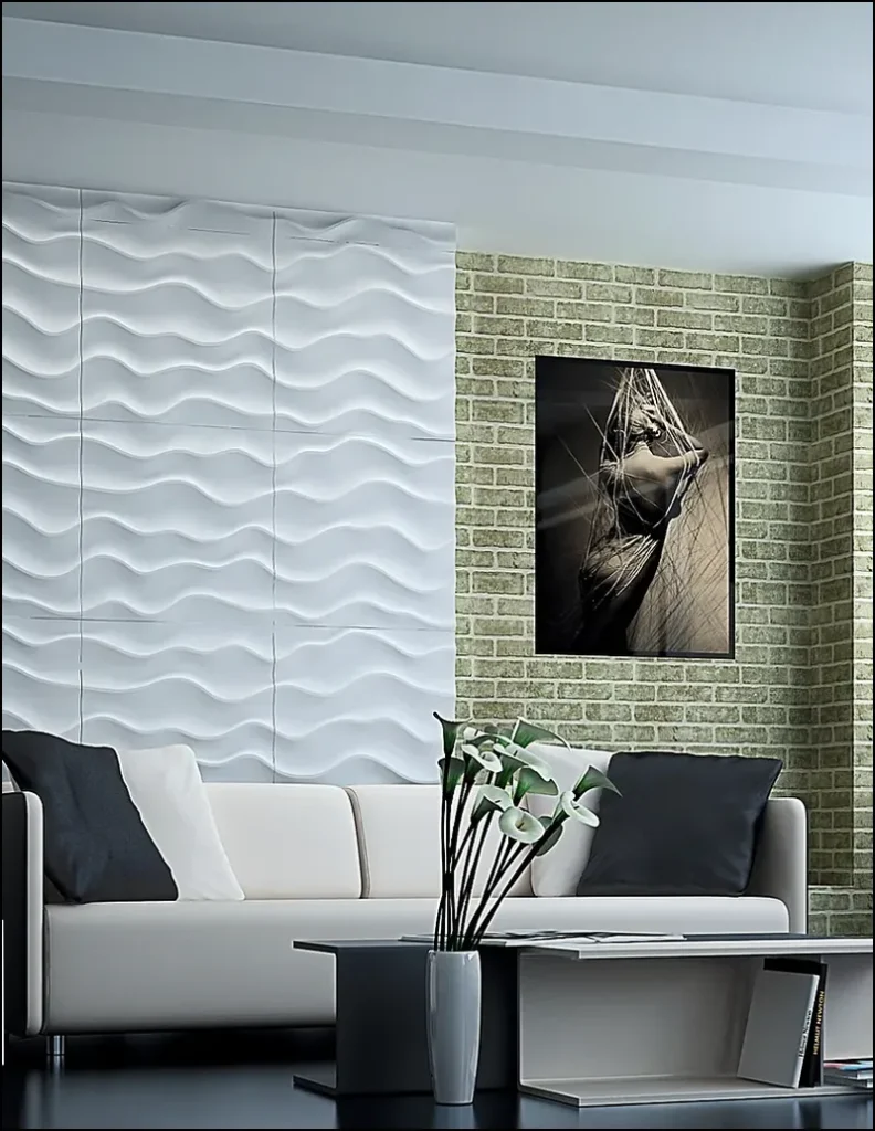 Textured 3D gypsum panels in a bright modern room.