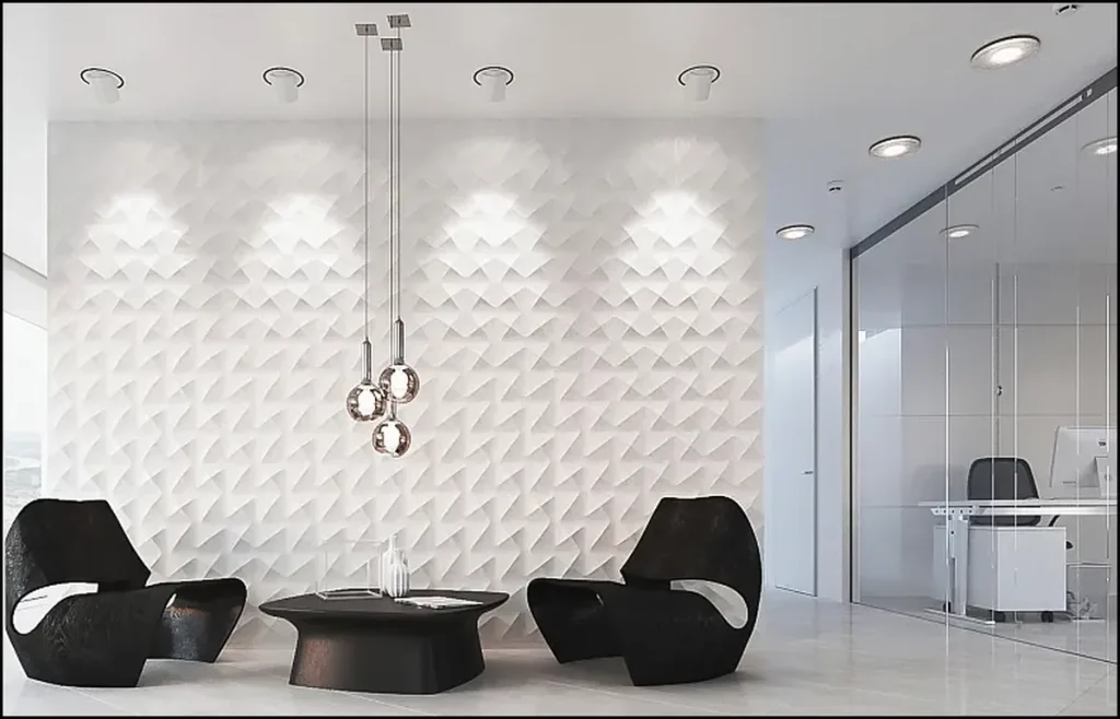 Decorative 3D wall panels adding depth to the interior.