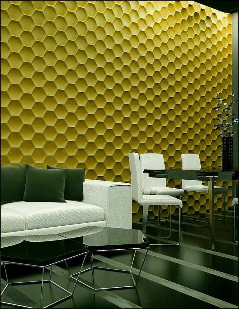 Modern room with decorative 3D gypsum wall panels.
