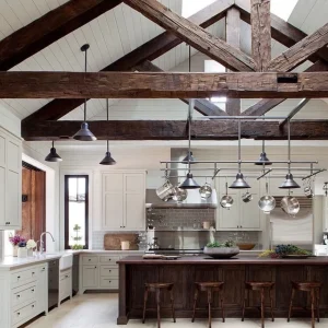 Modern residential interior with exposed ceiling beams.