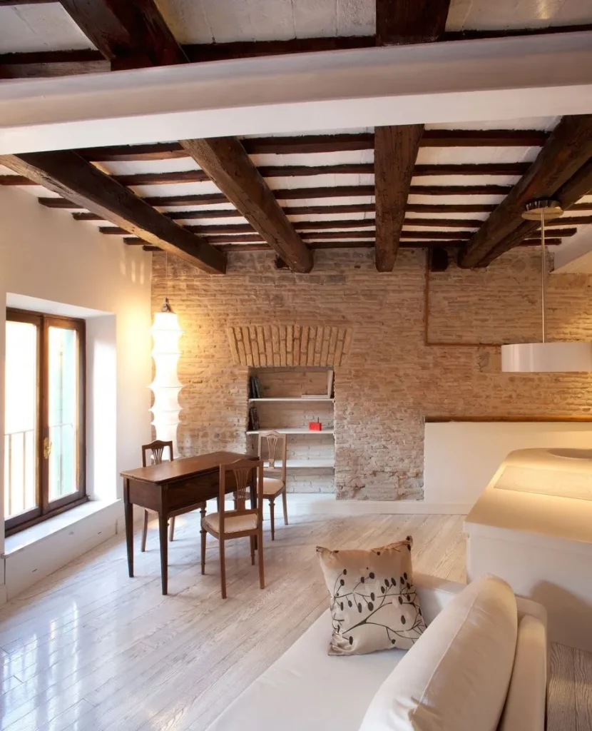 Exposed beams complementing a modern living space.