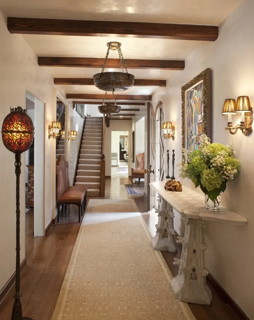 Modern room with exposed ceiling beam design.