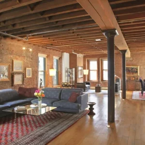 Decorative ceiling beams in a minimalist interior.