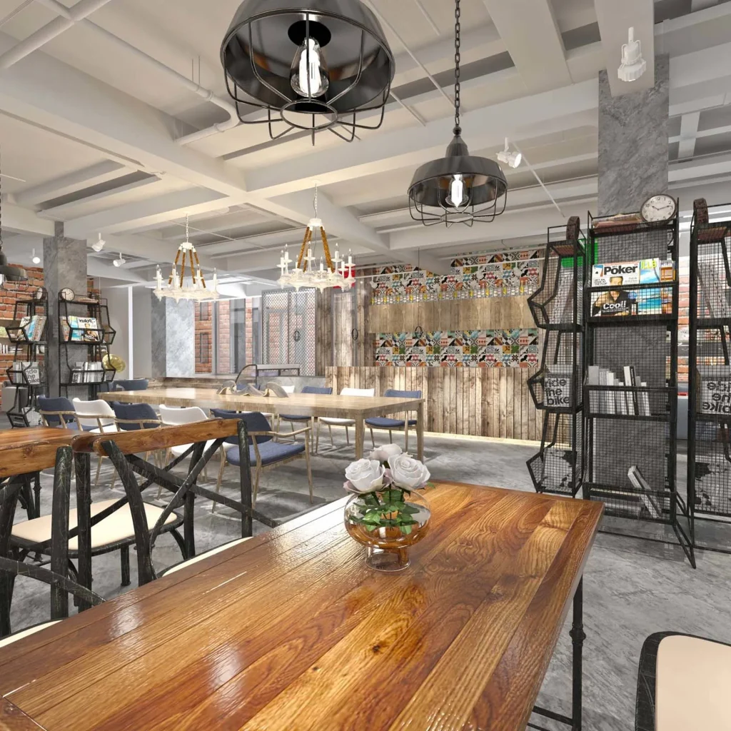 Loft-style dining area in a contemporary café.