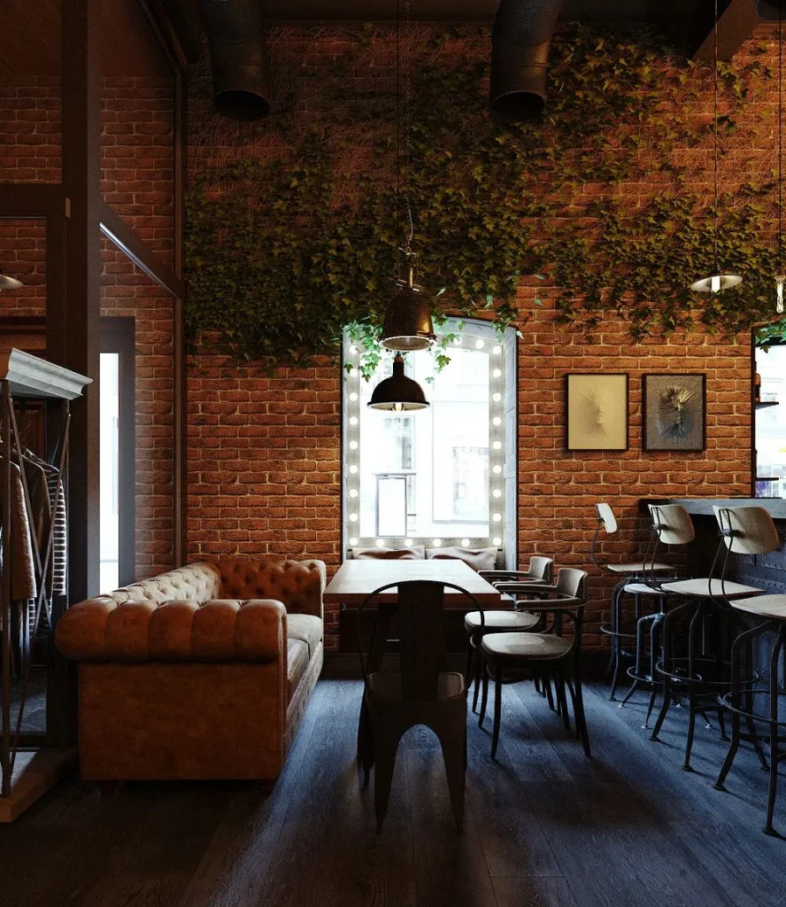 Cozy café with industrial-style interior design.