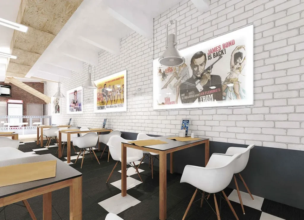 Modern café interior with exposed structural details.