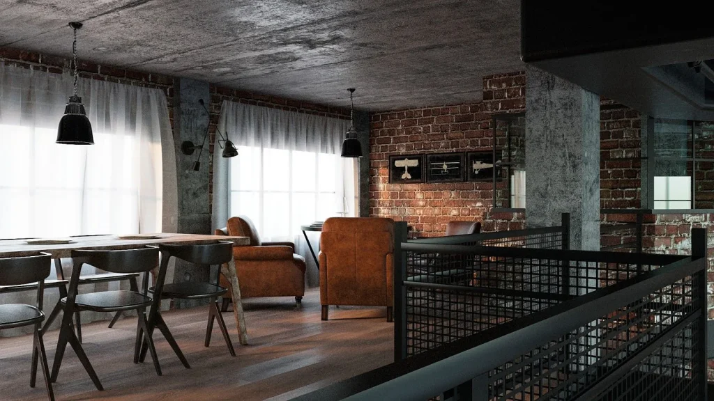 Industrial-style café with a minimalist interior design.