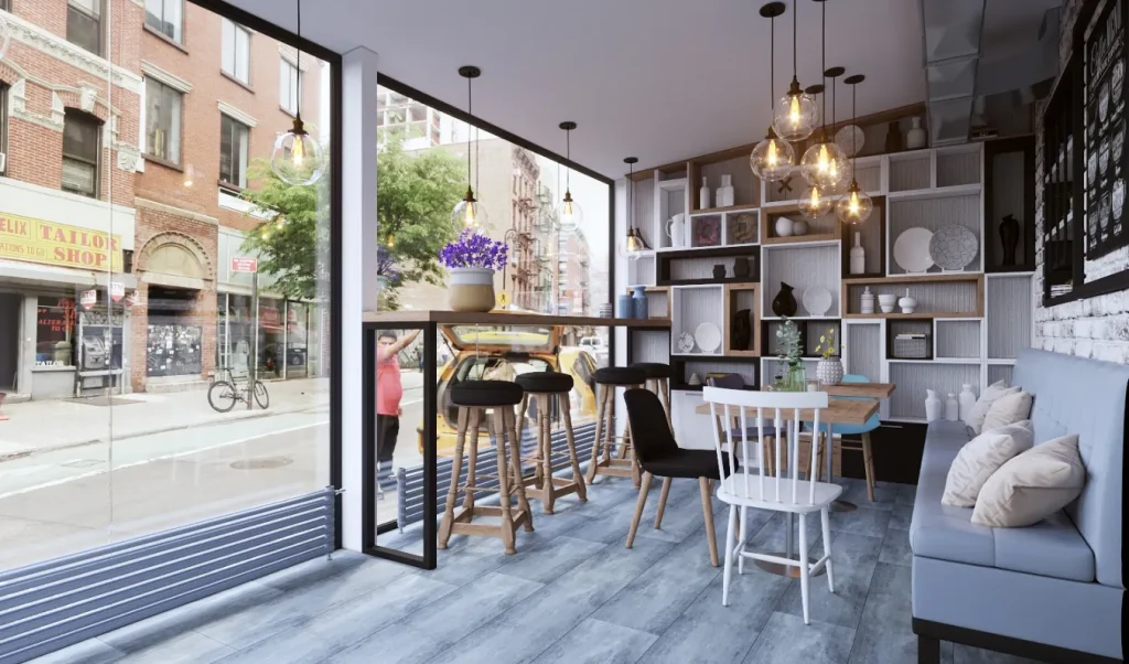 Contemporary café featuring industrial lighting and décor.