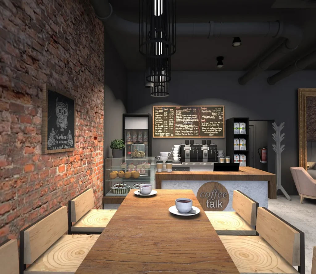 Spacious loft-style café with contemporary furnishings.