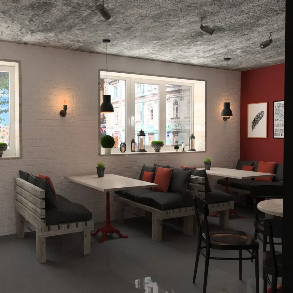 Elegant café designed with loft-inspired architectural details.