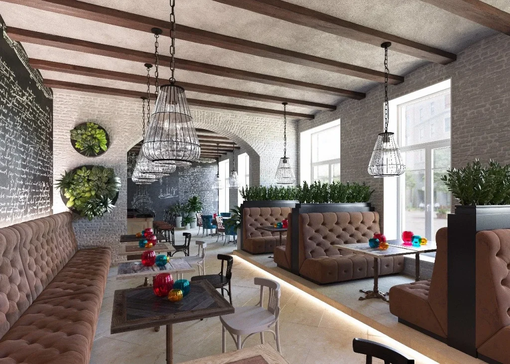 Modern café with industrial-inspired interior elements.
