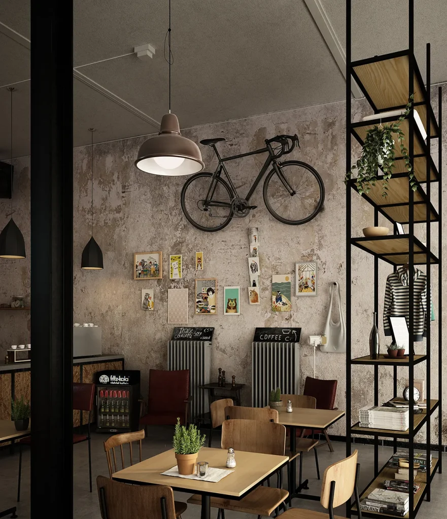 Loft-style café featuring textured wall surfaces.
