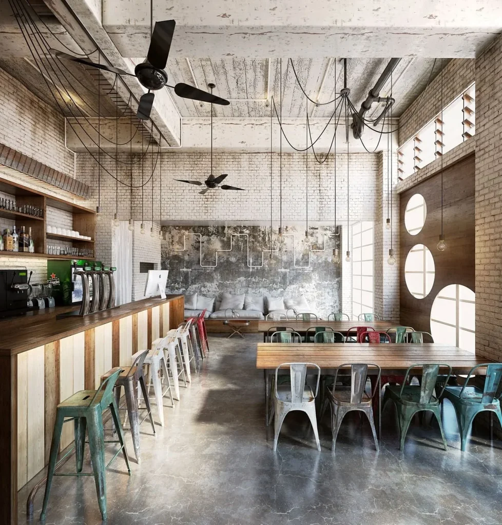 Contemporary café interior with industrial décor.