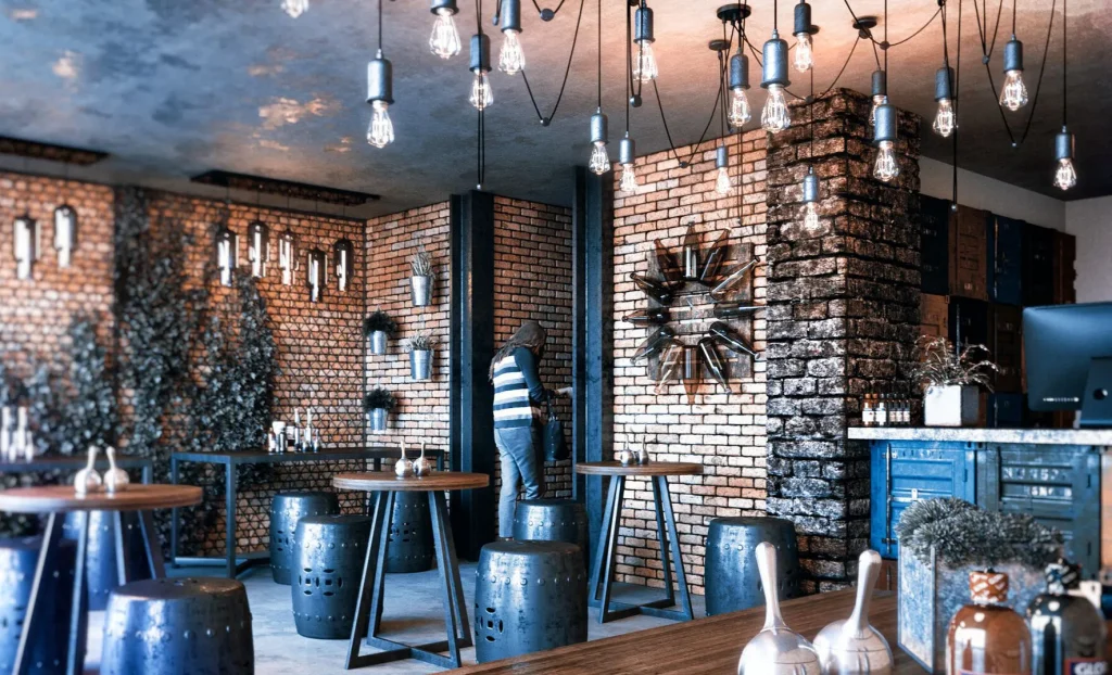 Industrial-inspired café with decorative interior details.