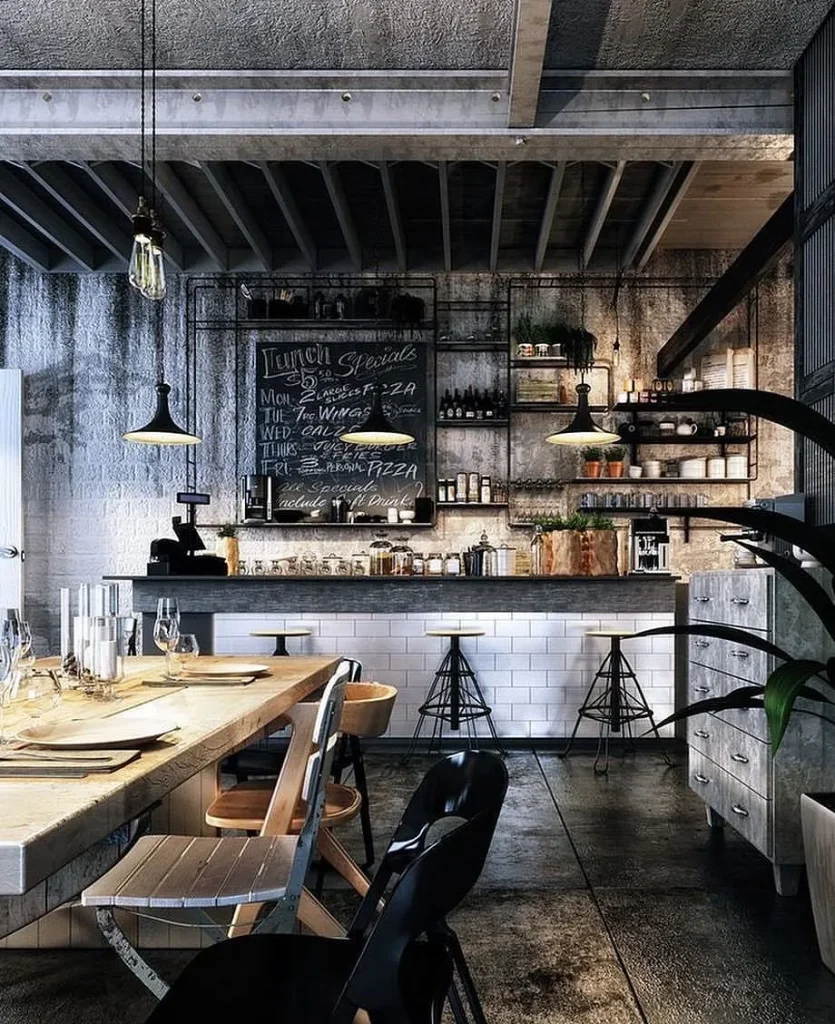 Industrial café interior with a warm atmosphere.