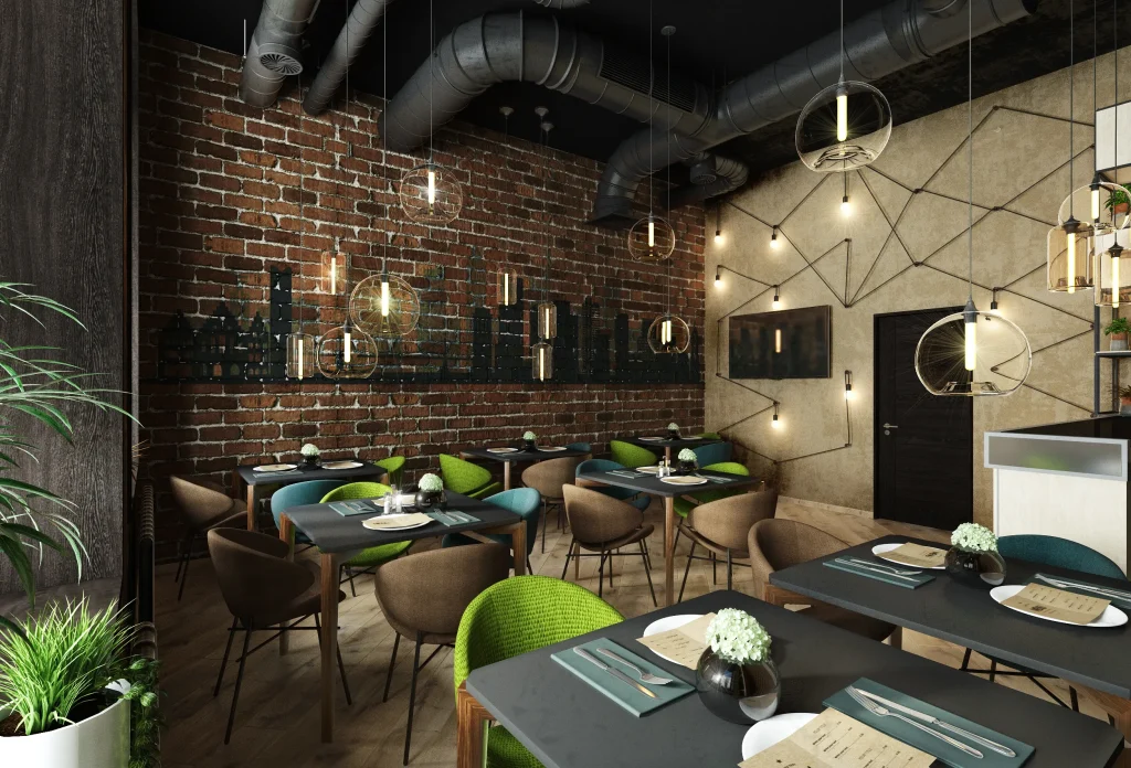 Industrial-style café with exposed architectural details.