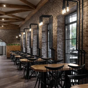 Contemporary café featuring loft-style décor.