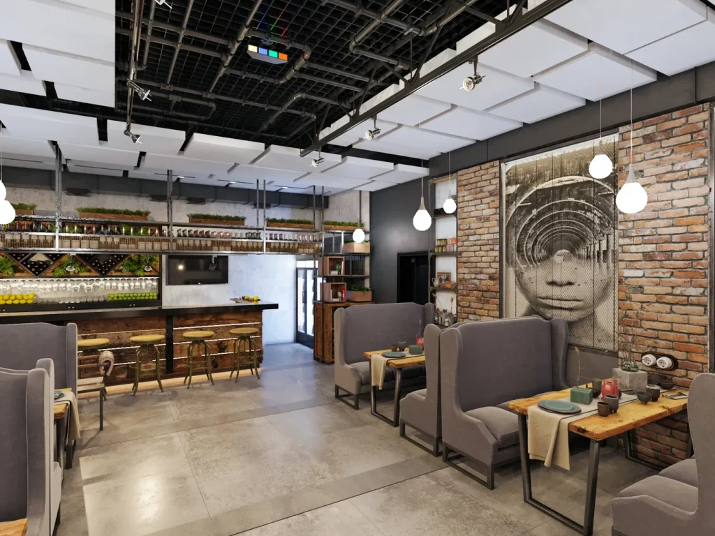Loft café interior combining modern and industrial elements.