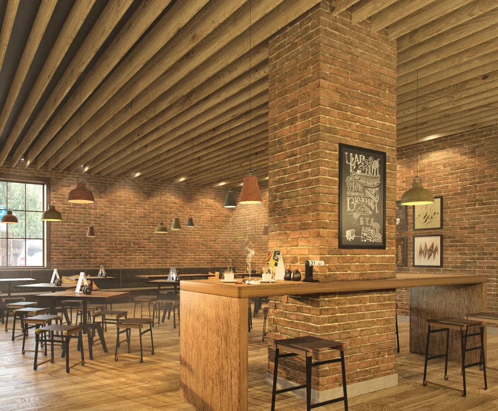 Loft-style café interior with modern industrial design.