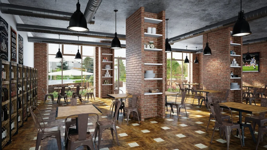 Industrial-style café with modern interior finishes.