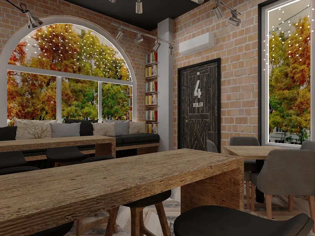 Contemporary café with industrial decorative accents.