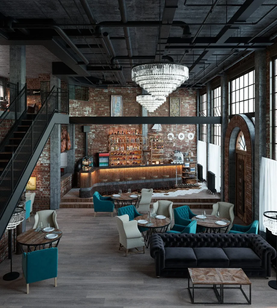Loft-inspired café featuring textured decorative walls.