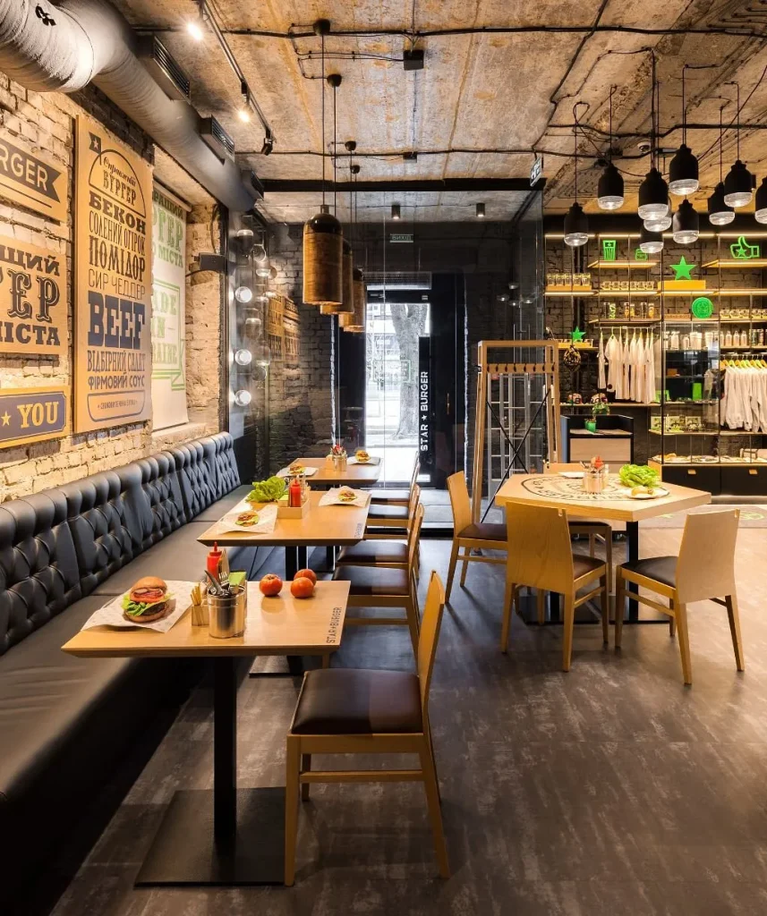 Modern café featuring a loft-inspired atmosphere.