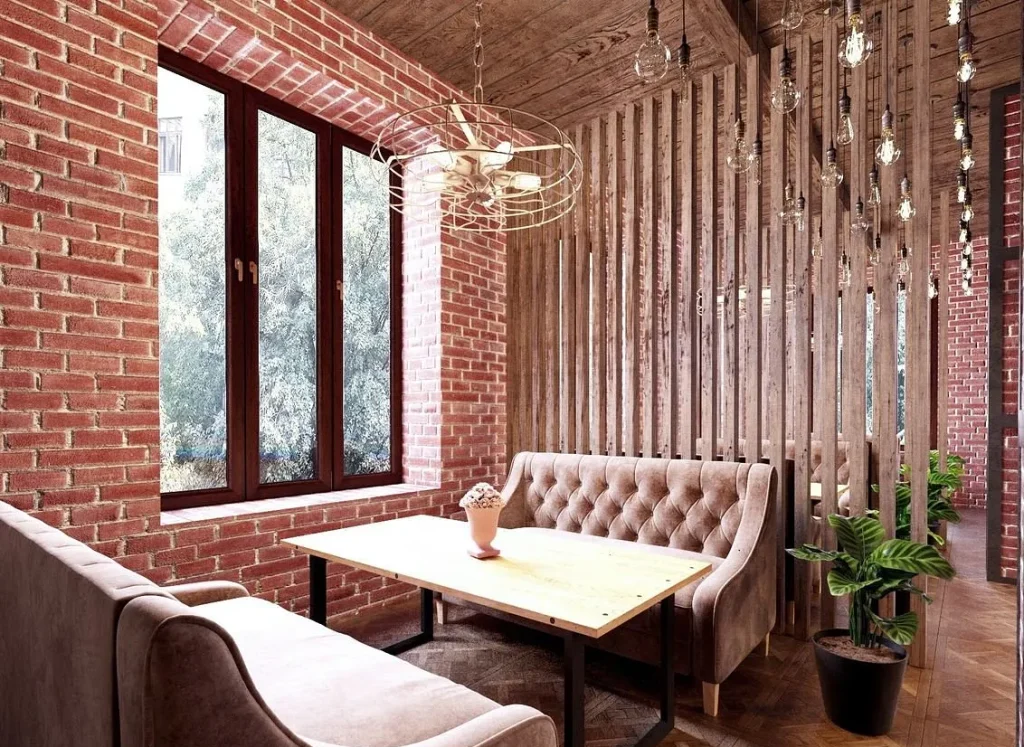 Industrial café interior with decorative architectural elements.