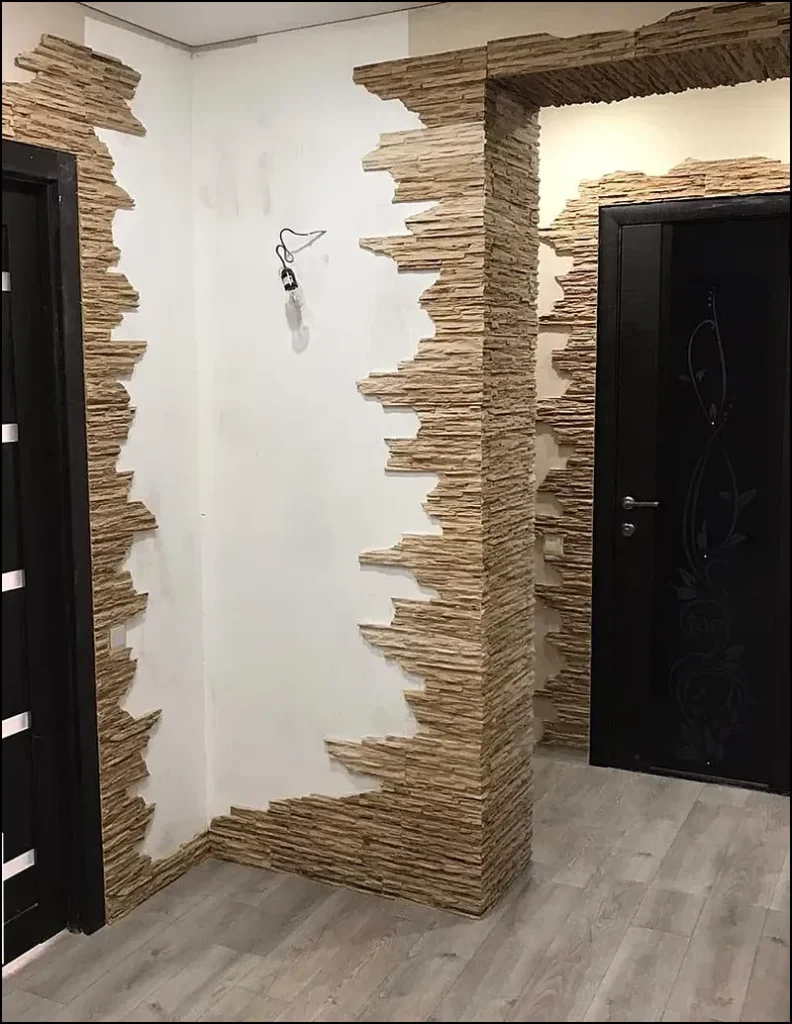 Entrance area with decorative stone wall decoration.