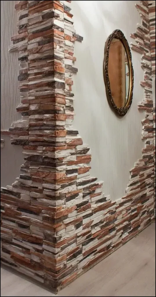 Decorative stone cladding for a contemporary hallway.