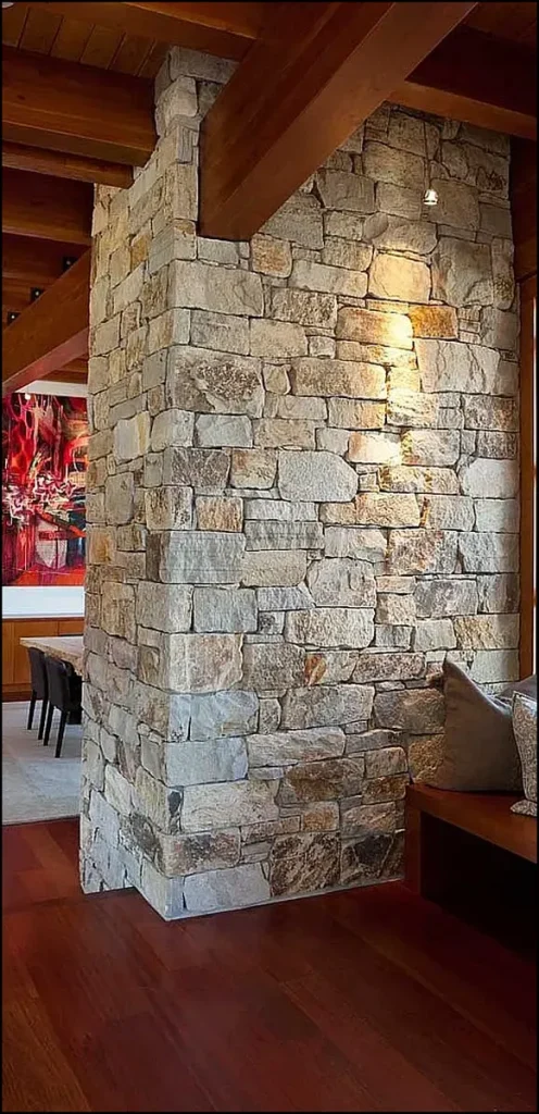Decorative wall stone creating a warm hallway atmosphere.