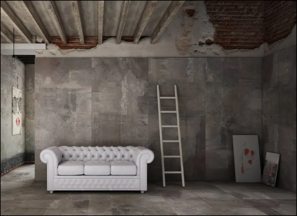 Contemporary interior featuring a decorative concrete wall.