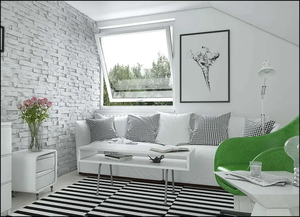 Bedroom interior with textured gypsum brick finish.