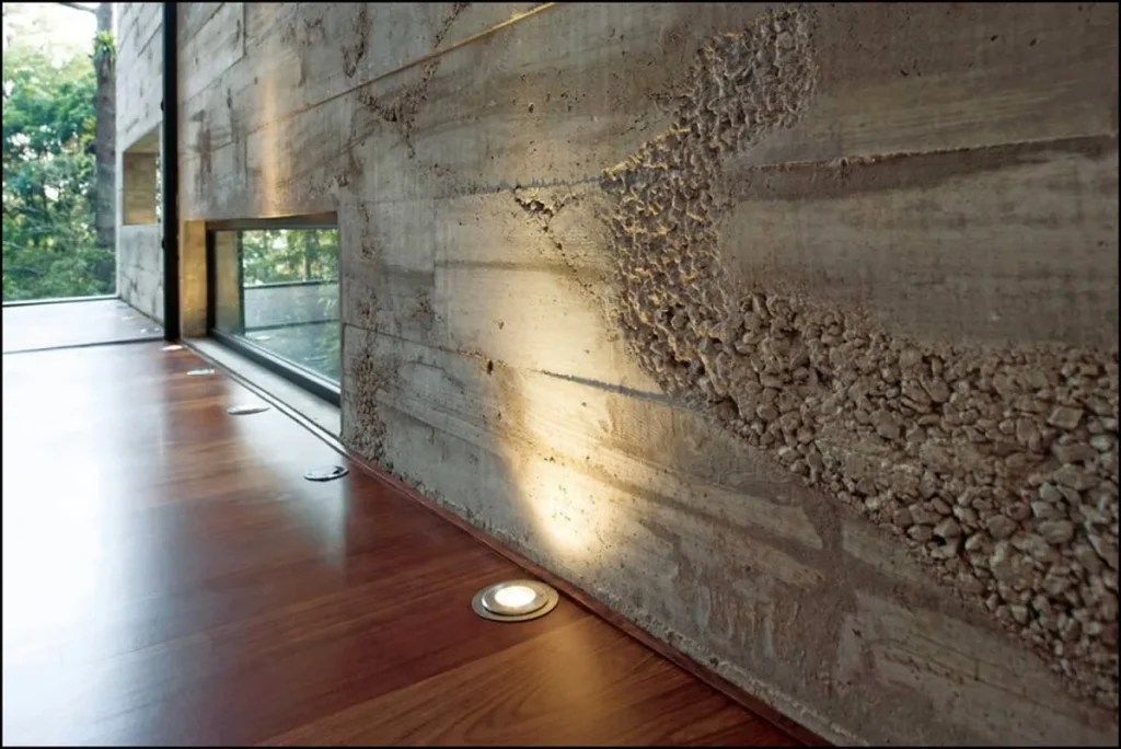 Modern interior showcasing a decorative concrete surface.