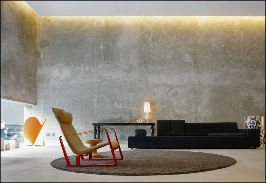 Industrial-style interior with a decorative concrete wall.