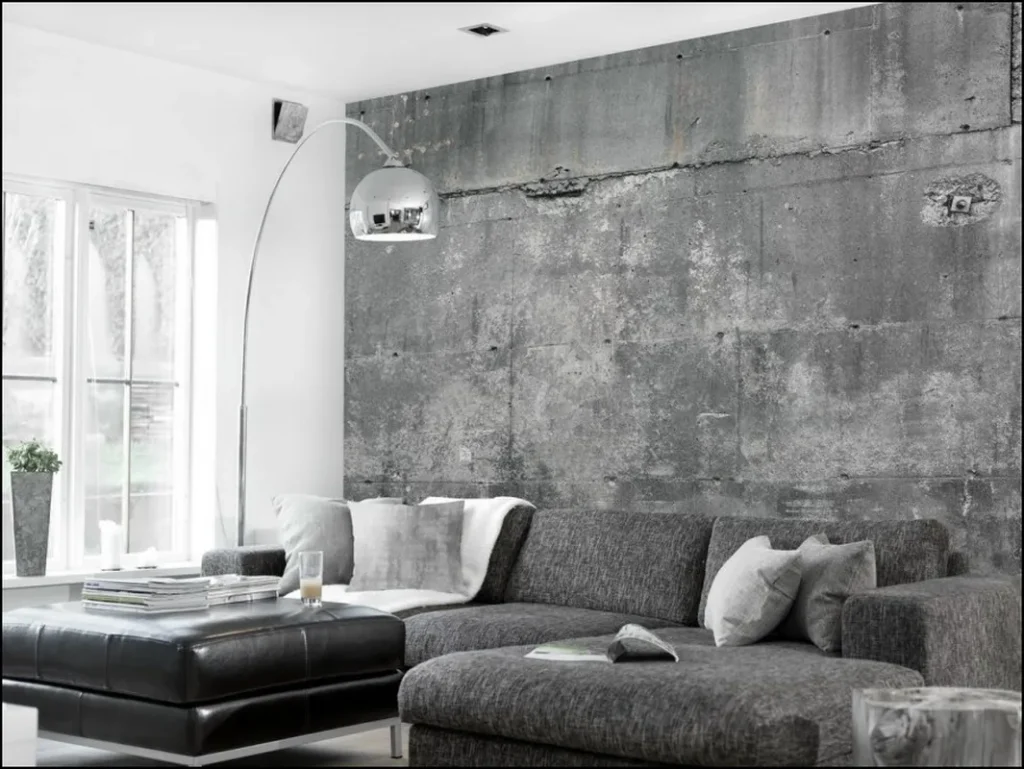 Modern room with a textured decorative concrete surface.