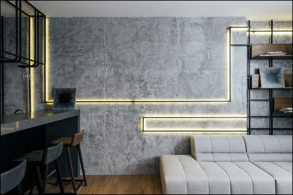 Decorative concrete wall complementing a modern interior.