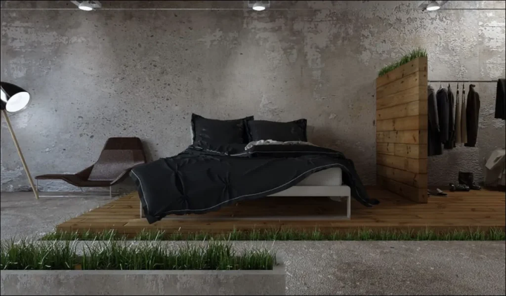 Concrete-effect decorative wall in a modern living space.