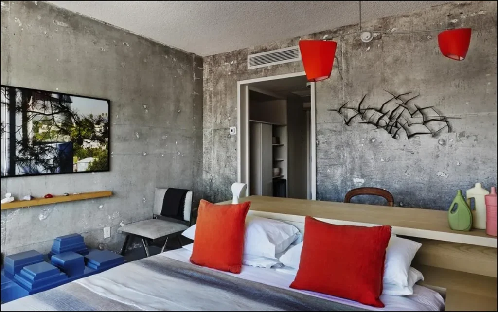 Modern interior with a realistic concrete-effect wall.
