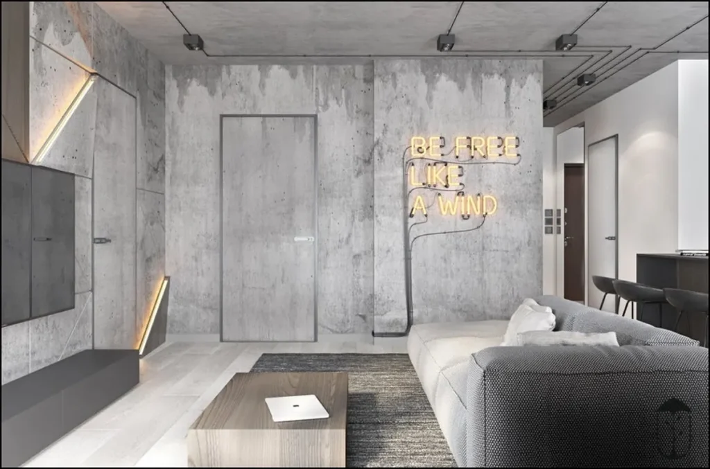 Interior with a textured concrete-effect wall.