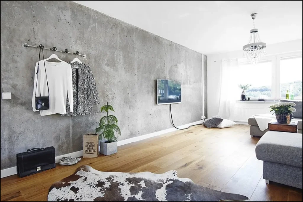 Textured decorative concrete wall in a stylish room.